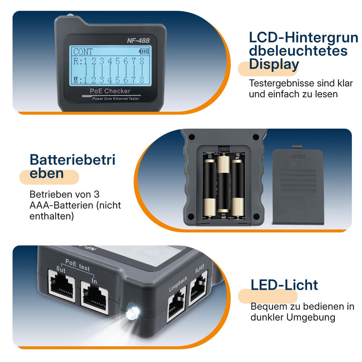 Netzwerktester RJ45 PoE LCD CAT5e CAT6 CAT6a mit LED-Leuchte - Bild 9