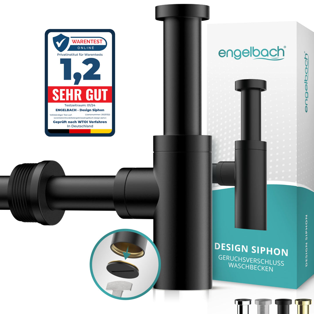 Design Siphon Waschbecken Schwarz Edelstahl mit Reinigungsöffnung 1¼"