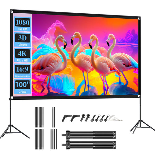 Beamer Leinwand mit Stativ 100 Zoll 4K HD 16:9 faltbar für Outdoor