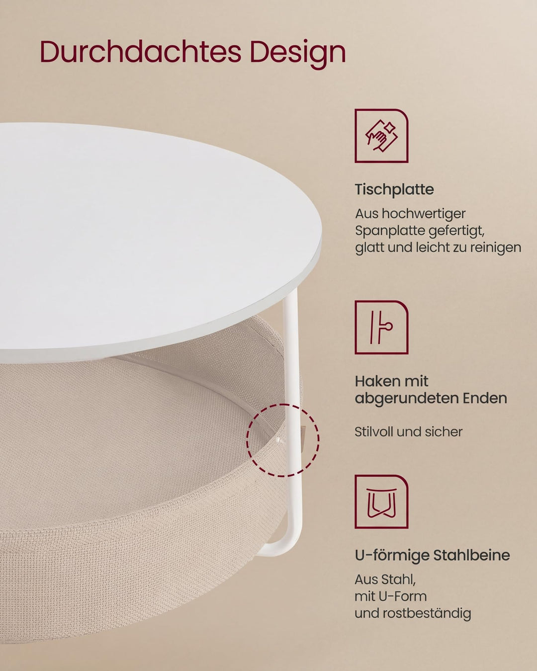 Couchtisch rund mit Stoffkorb 75x75x45 cm Wohnzimmer - Bild 3