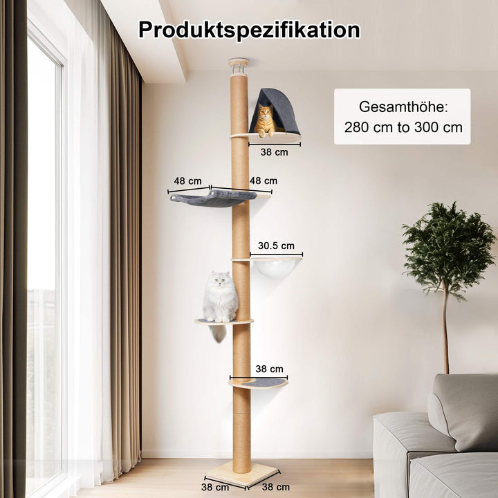 Katzenbaum Decke 6 Etagen 259-300 cm mit Raumkapsel und Hängematte - Bild 2