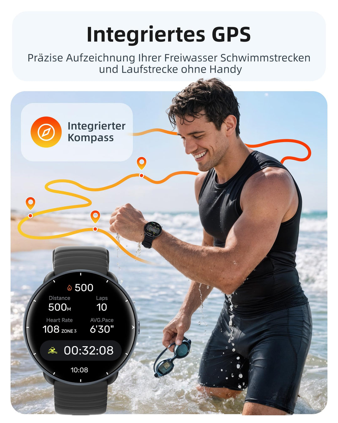 Smartwatch mit GPS und Schwimmtracking 5 ATM wasserdicht AMOLED - Bild 3