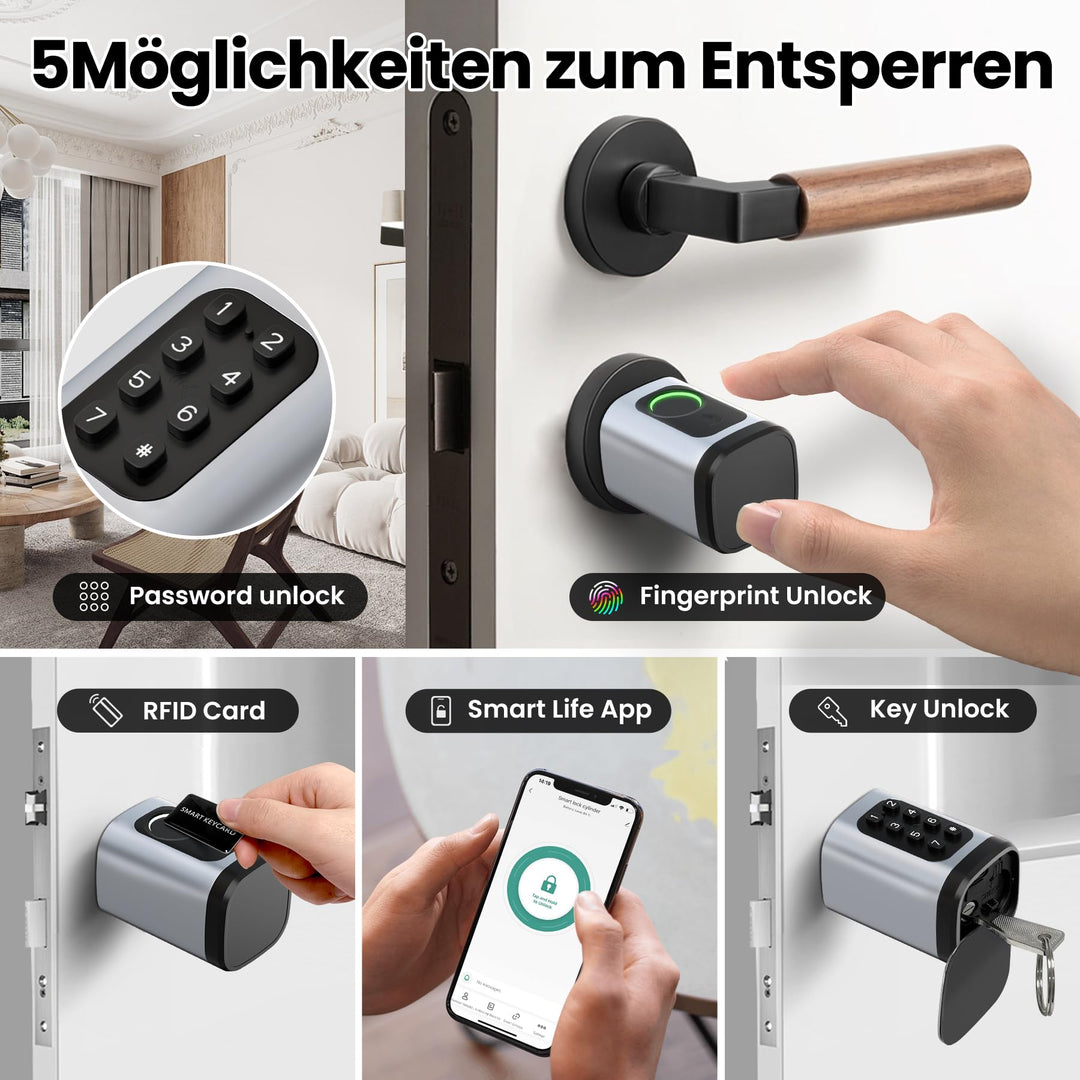 Smart Türschloss Fingerabdruck &amp; PIN für Türen 60-90 mm Silber - Bild 3