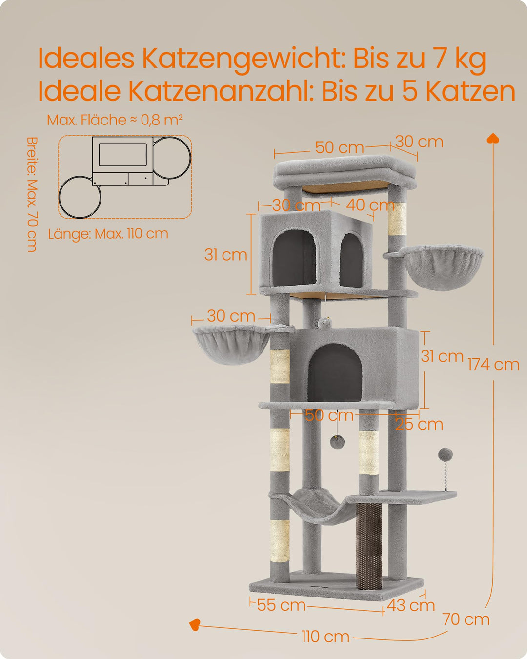Kratzbaum XXL 175 cm mit 2 Höhlen, Hängematte &amp; Liegemulden - Bild 7