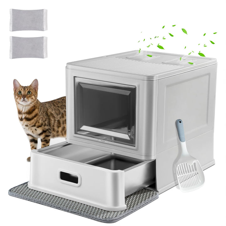 Geschlossene Katzentoilette Edelstahl XL mit Schublade und Matte