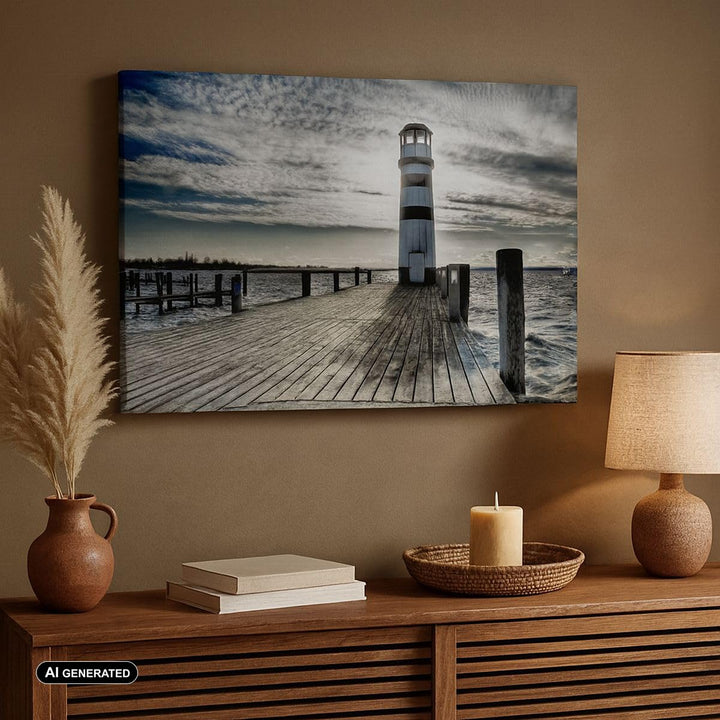 Leinwandbild See mit Leuchtturm und Holzbrücke 70x50 cm - Bild 3