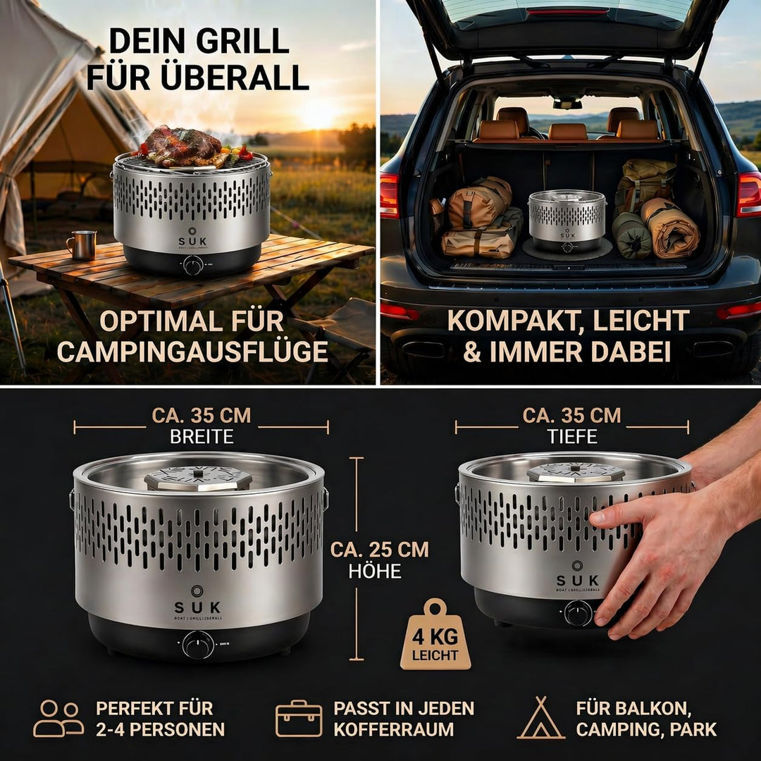 Tischgrill Holzkohle mit Aktivbelüftung und Lüfter, kompakt grau - Bild 5
