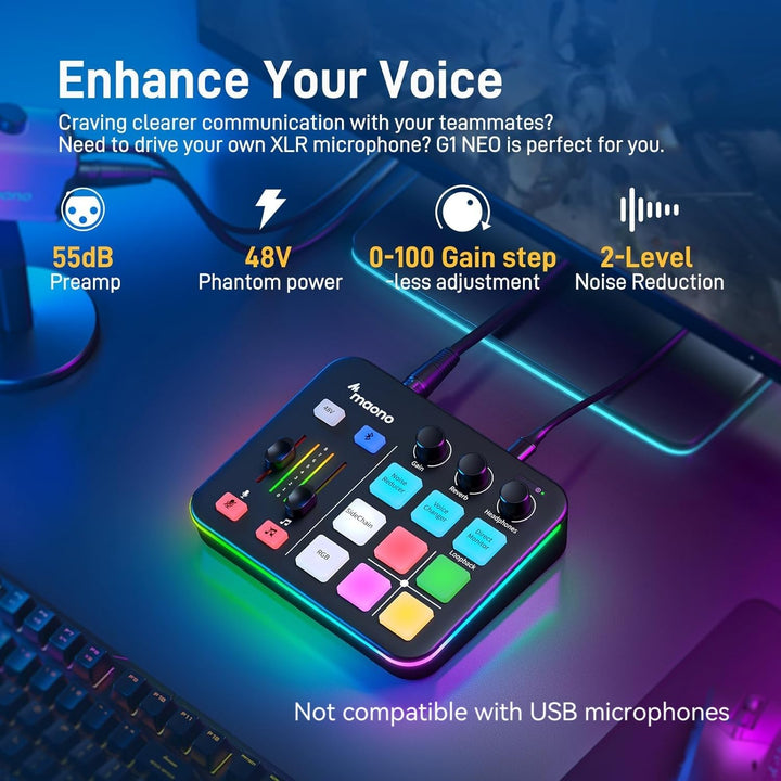 Gaming Audiomixer USB mit XLR-Eingang, 48V Phantomspeisung, RGB - Bild 2
