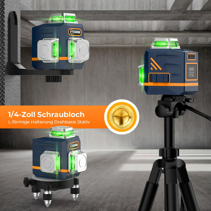 Kreuzlinienlaser 3x360° Grün mit Stativ 1,5 m und 30 h Akku - Bild 5