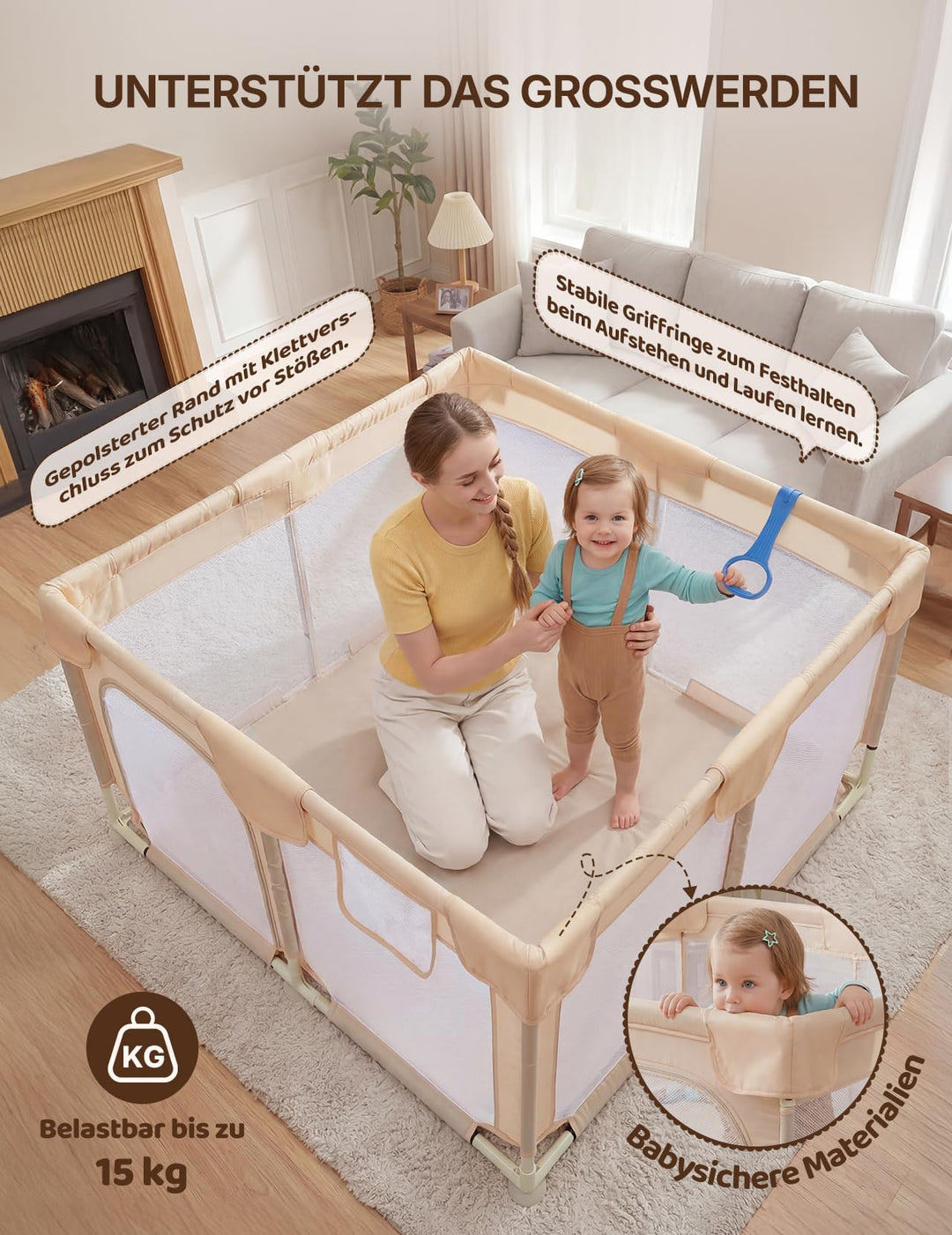 Laufstall Baby 124x124cm atmungsaktiv mit Spielzeug Kaffeebraun - Bild 7