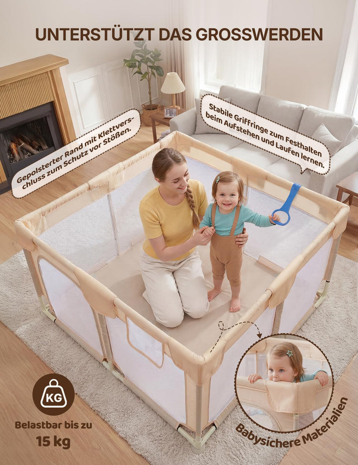 Laufstall Baby 124x124cm atmungsaktiv mit Spielzeug Kaffeebraun - Bild 7
