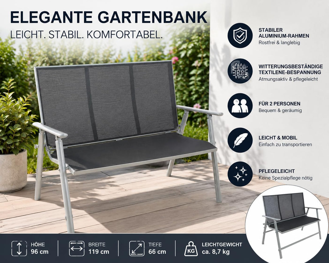 Gartenbank 2-Sitzer Aluminium Textilene Hellgrau 119x66x96 cm - Bild 2