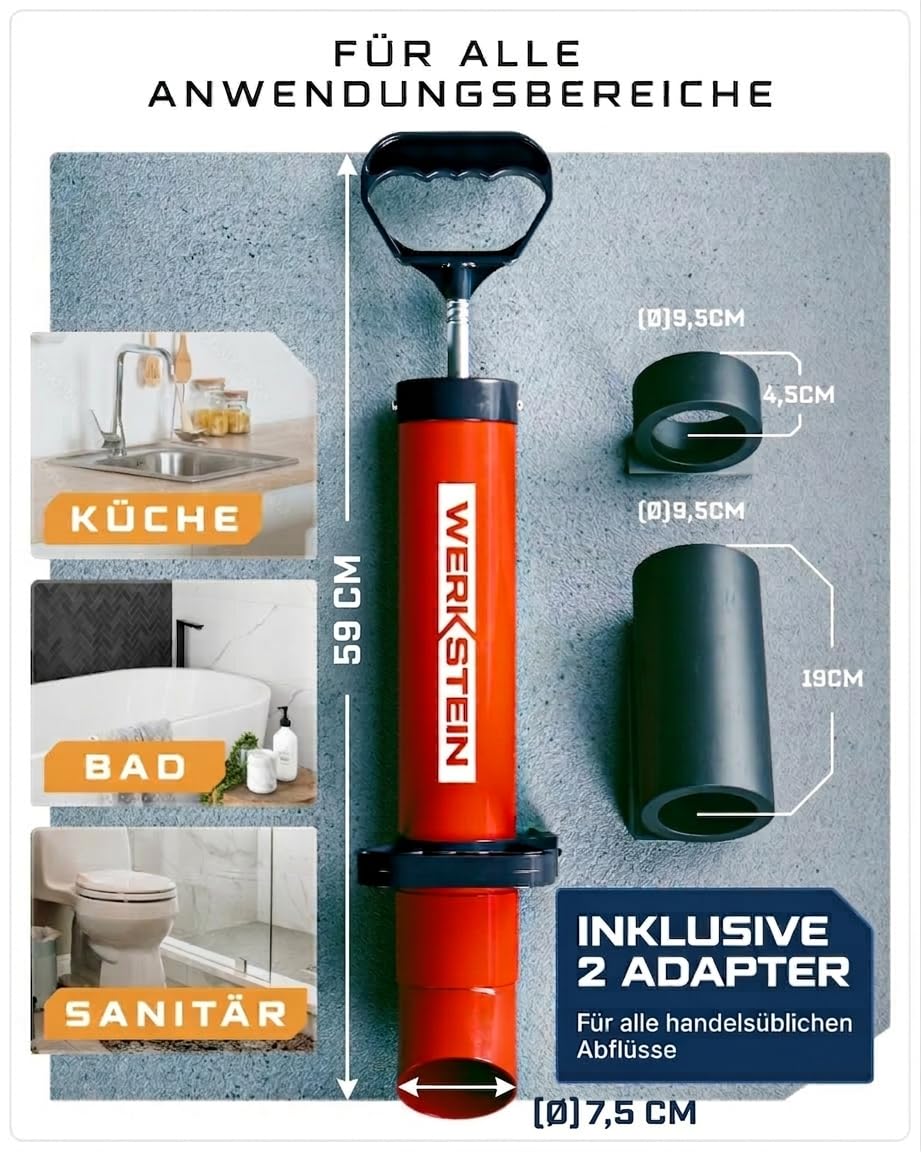 Rohrreinigungspumpe Druckluft ABS mit 2 Gummi-Adaptern für Abflüsse - Bild 4