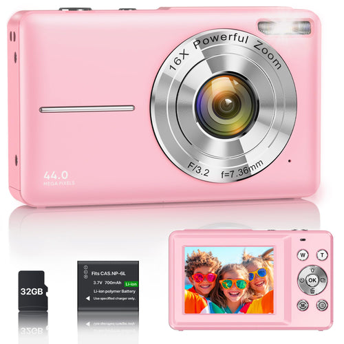 Digitalkamera 44MP 1080P mit 16x Zoom für Kinder und Teens Rosa