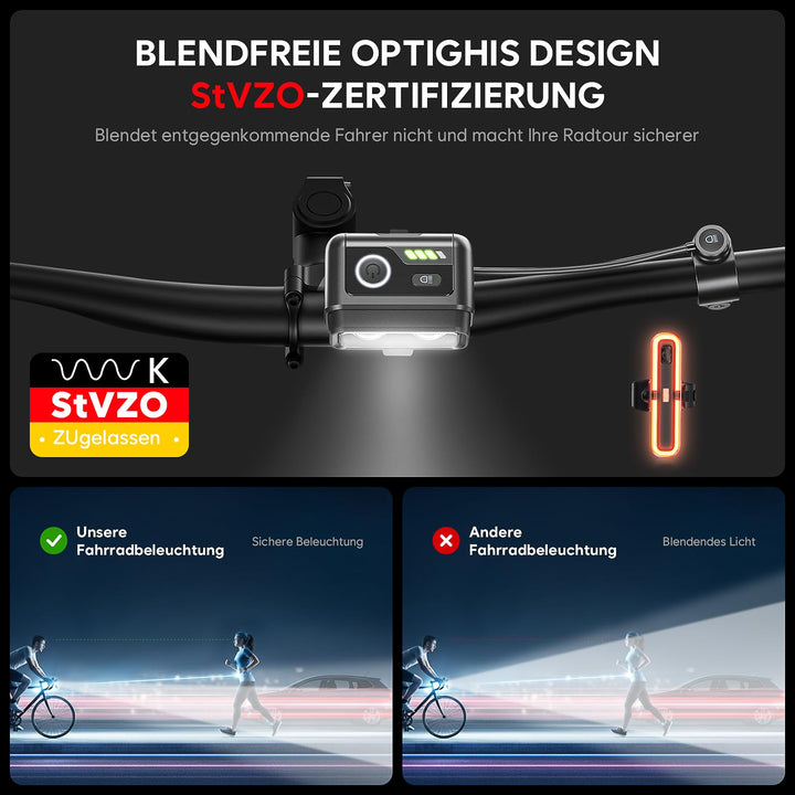 Fahrradlicht Set StVZO 100 Lux Fernlicht &amp; Bremslicht USB-C aufladbar - Bild 2