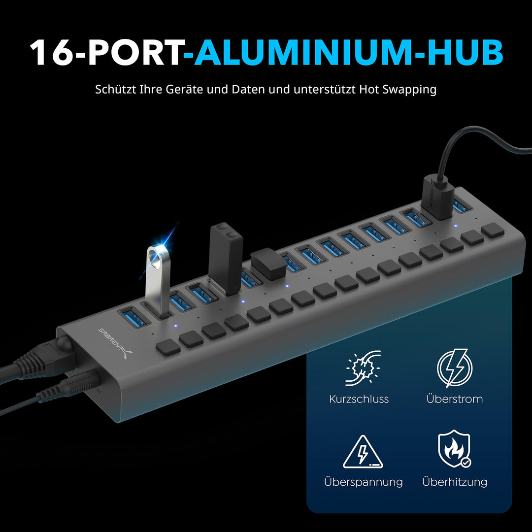 USB Hub 16-Port aktiv mit Netzteil 90W Schalter für PC Laptop - Bild 2
