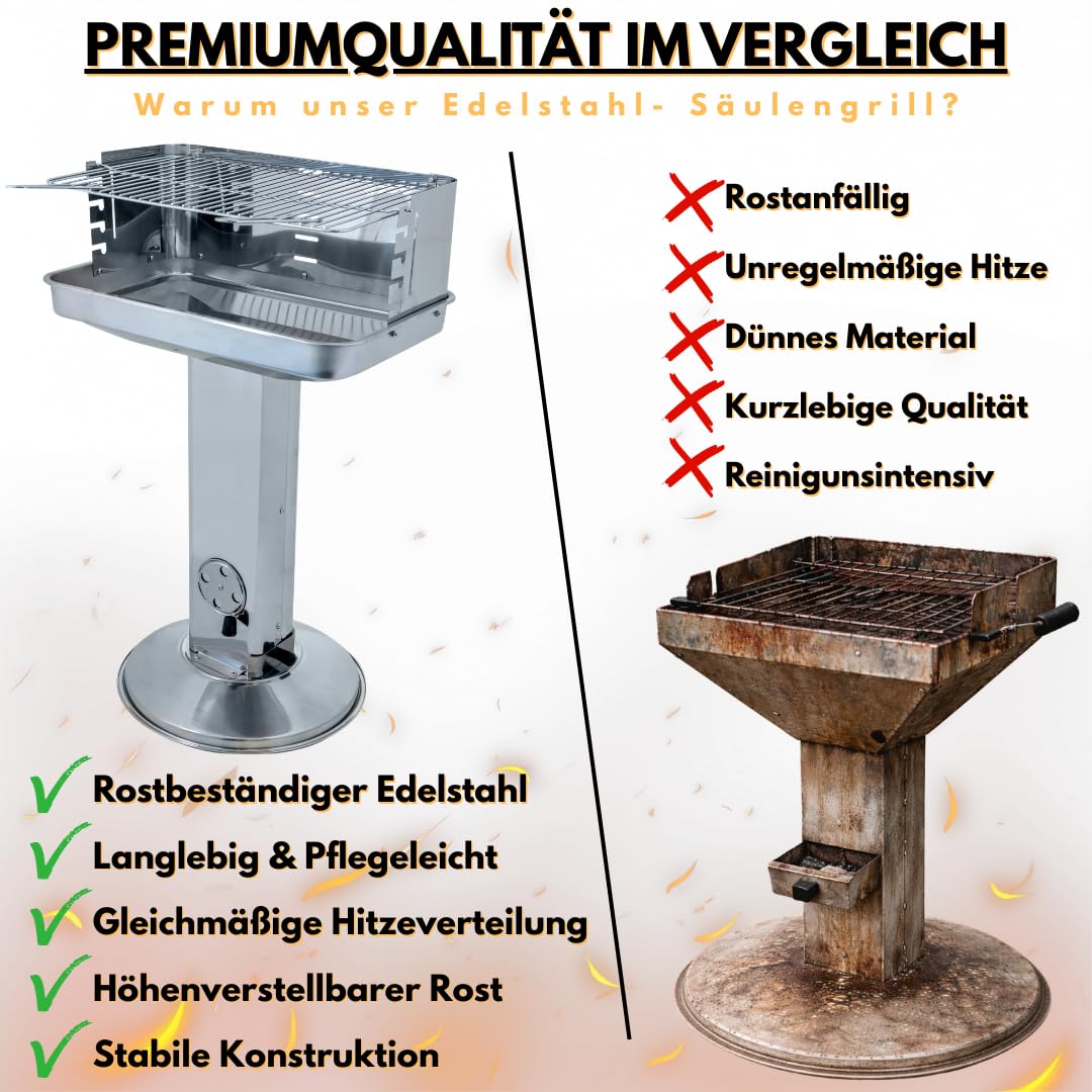 Säulengrill Holzkohle Edelstahl mit verstellbarem Rost 54x34 cm - Bild 8