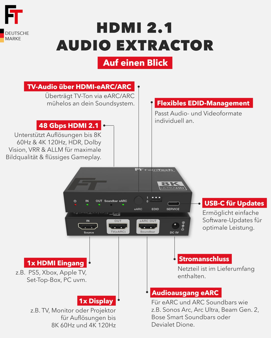 HDMI 2.1 Audio Extractor eARC Soundbar 8K 60Hz 4K 120Hz Dolby Atmos - Bild 3