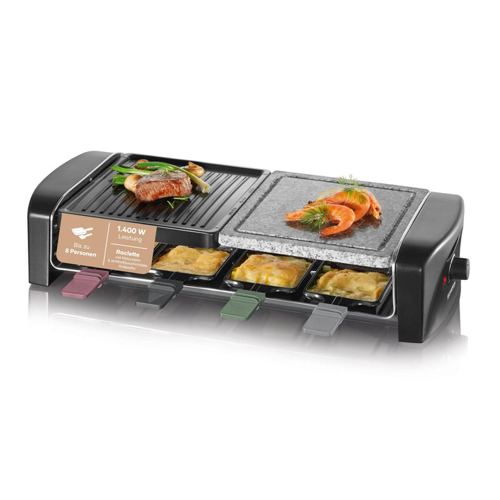 Raclette-Grill mit Naturgrillstein und Grillplatte für 8 Personen