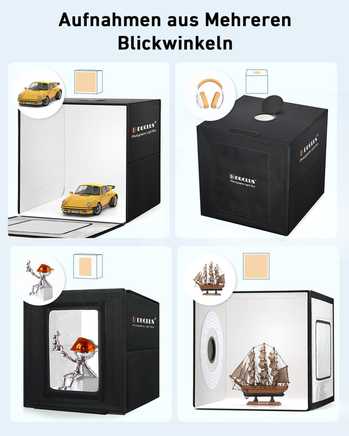 Fotobox 50x50 cm mit 216 LEDs dimmbar, 6 Hintergründe, faltbar - Bild 5
