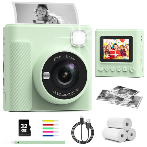 Kinder-Sofortbildkamera mit Thermodruck 1080P HD, 2,4" Display grün