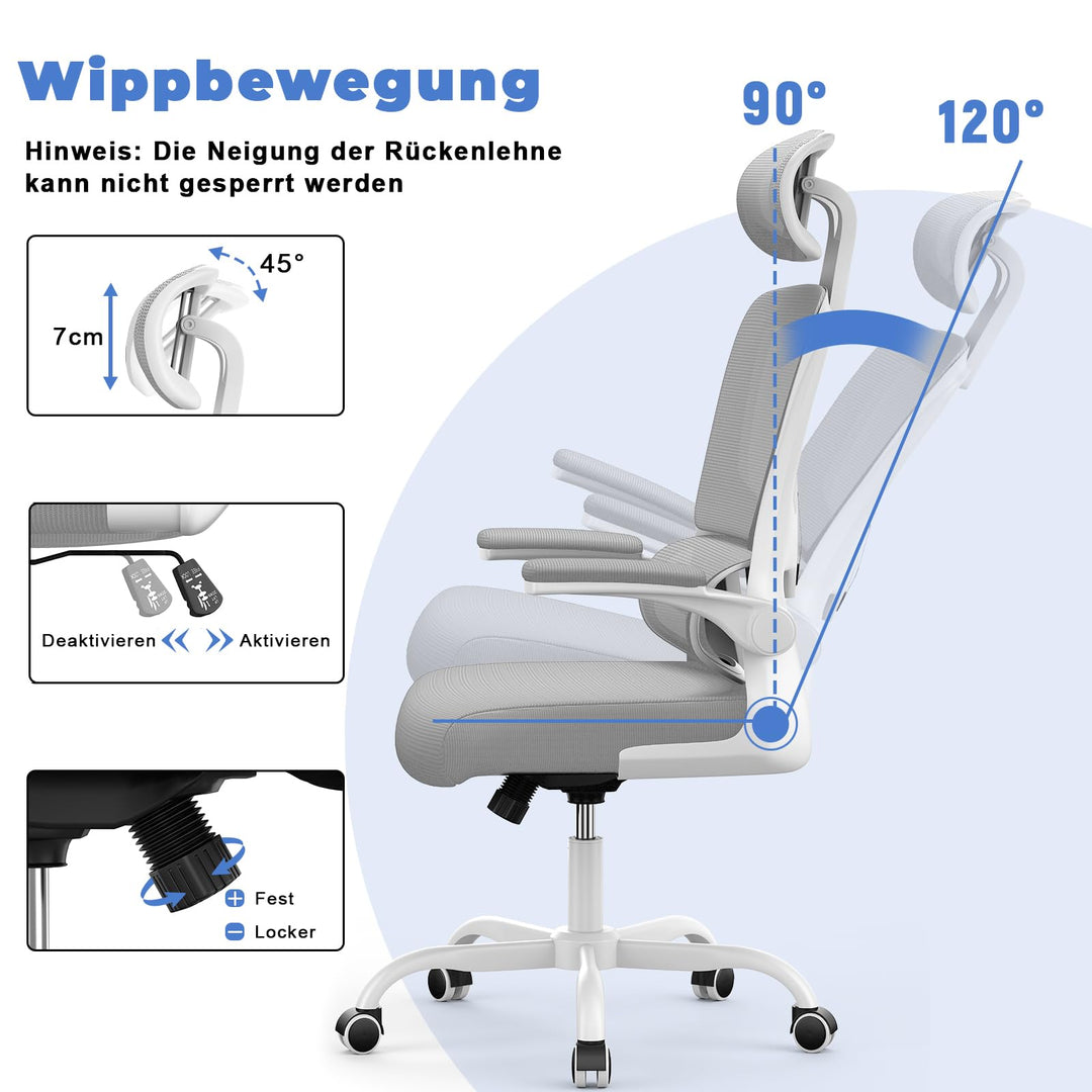 Ergonomischer Bürodrehstuhl Netz mit verstellbarer Lendenstütze Hellgrau - Bild 6