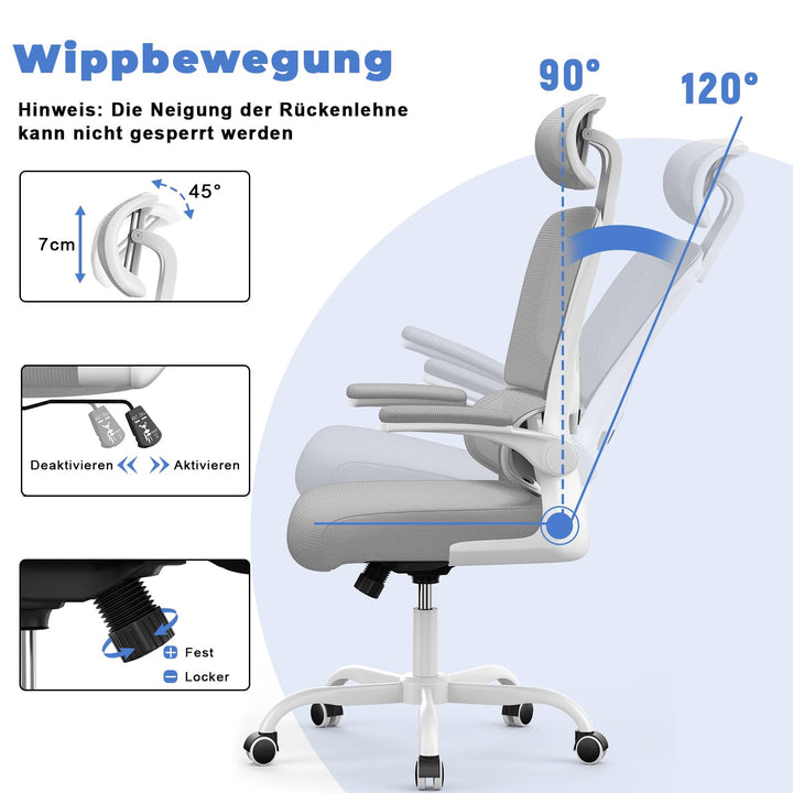 Ergonomischer Bürodrehstuhl Netz mit verstellbarer Lendenstütze Hellgrau - Bild 6