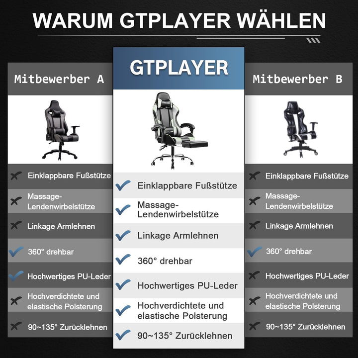 Gaming Stuhl mit Fussstütze und Massage-Lendenkissen Kunstleder Weiss - Bild 8