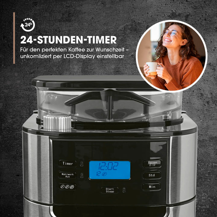 Filterkaffeemaschine mit Kegelmahlwerk Edelstahl 10 Tassen Timer - Bild 2