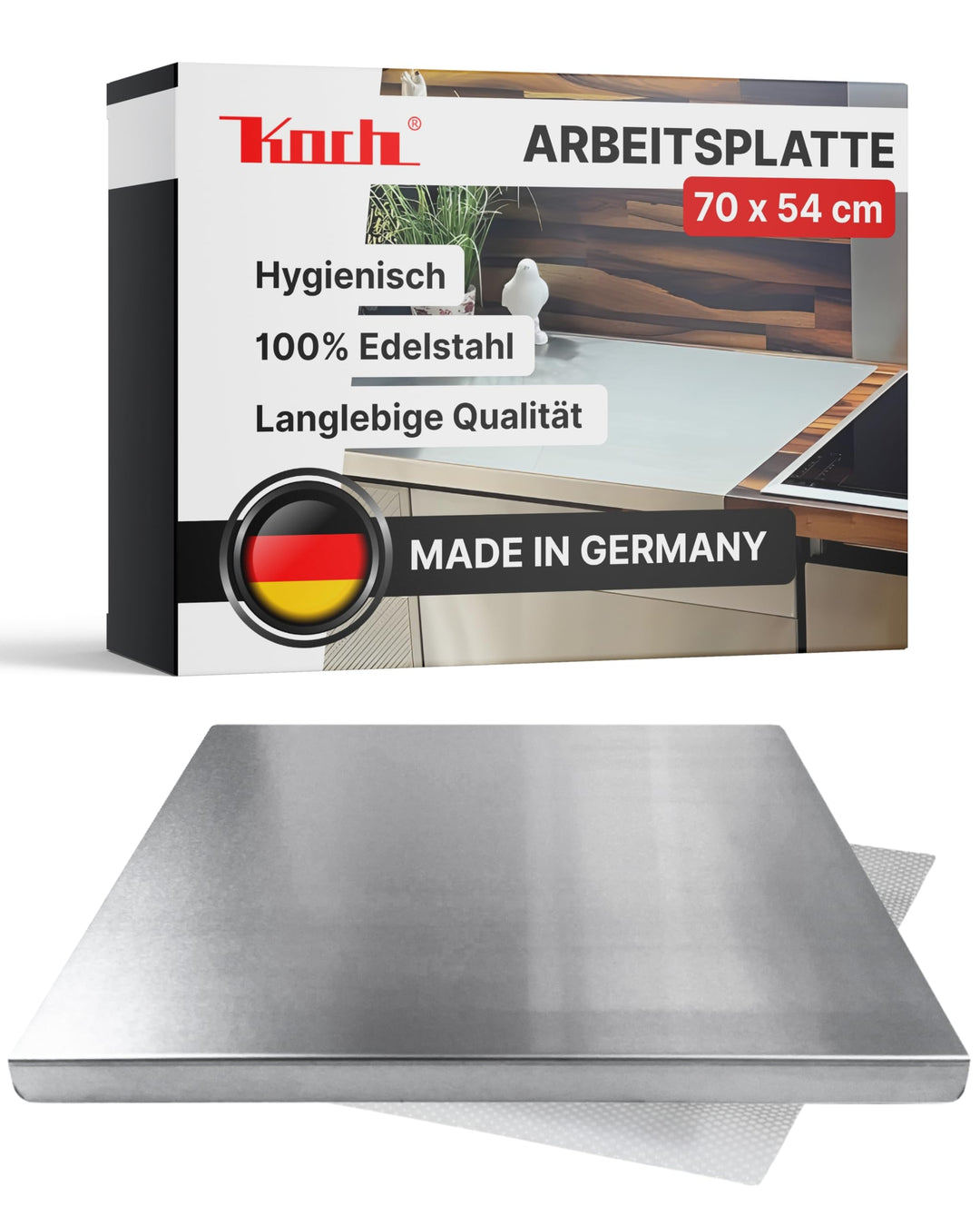 Arbeitsplatte Edelstahl 70x54 cm mit Anschlagkante Schneidebrett