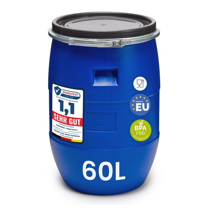 Weithalsfass 60L HDPE lebensmittelecht mit Metallspannring Blau