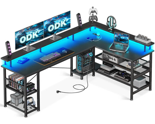 Gaming Schreibtisch L-Form LED 168x120cm mit Steckdosen USB Kohlefaser