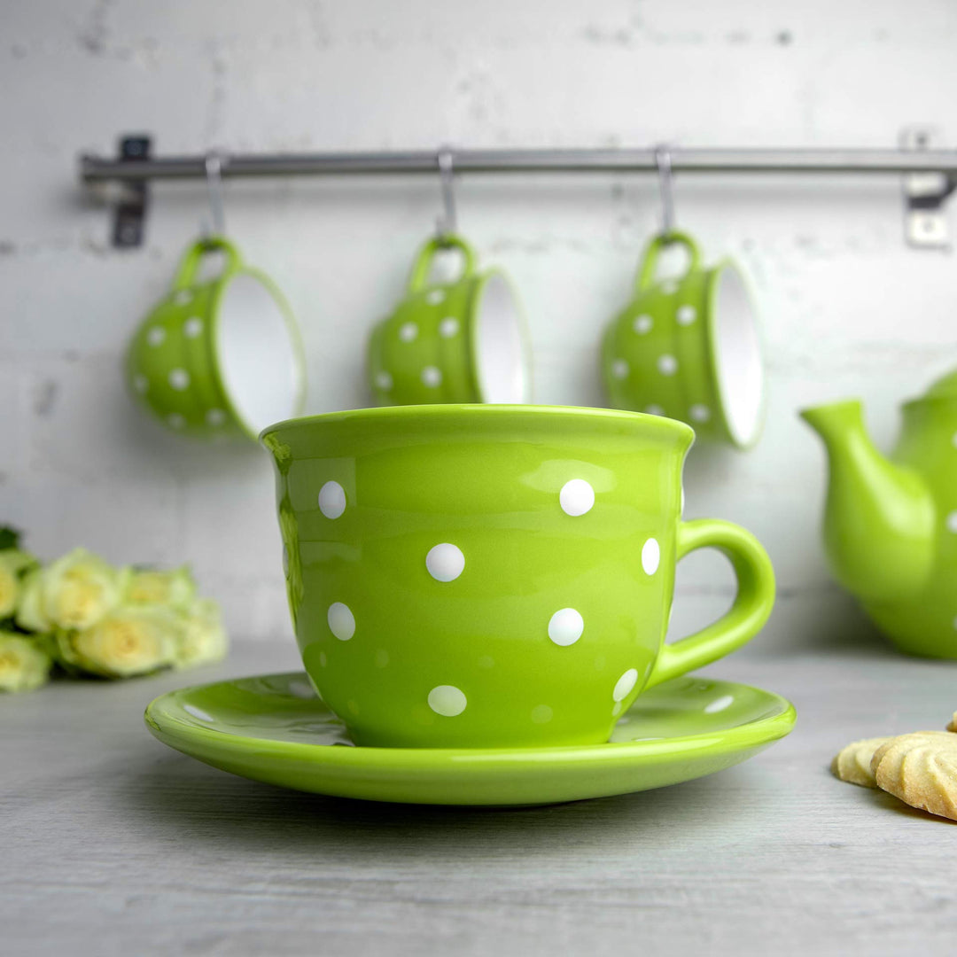 Keramik Kaffeetasse mit Untertasse 350ml Handgemacht Grün Weiß Dots - Bild 2
