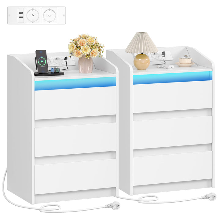 Nachttisch 3 Schubladen mit LED-Licht und USB-Ladestation 2er Set