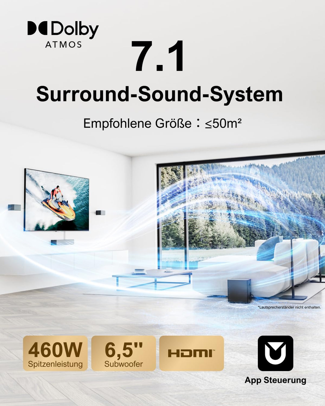Soundbar 7.1 Surround mit Dolby Atmos, kabellosem Subwoofer und HDMI eARC - Bild 2