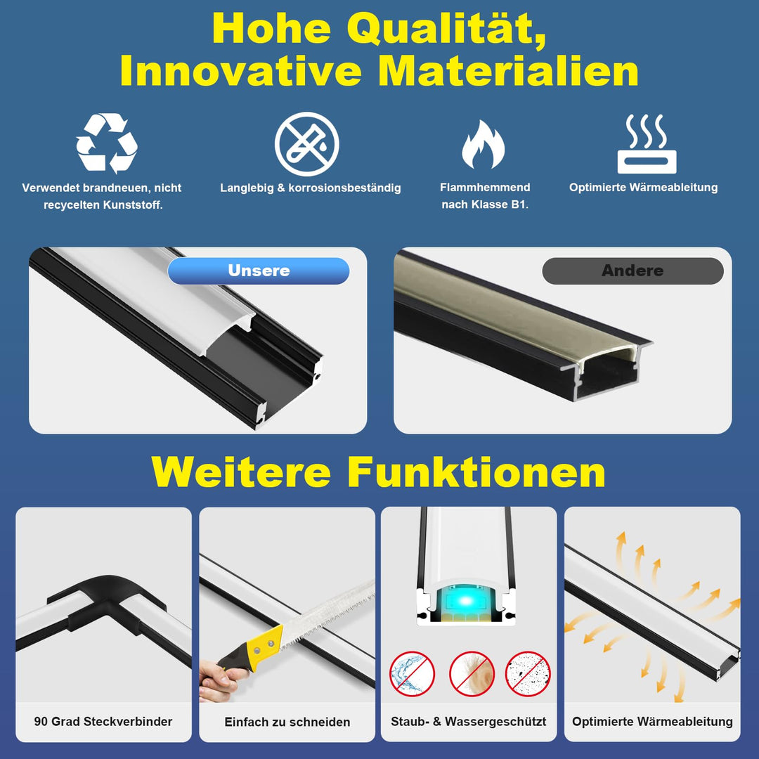 LED Aluminiumprofil U-Form Schwarz 12x1m mit Milchweiss-Abdeckung - Bild 5