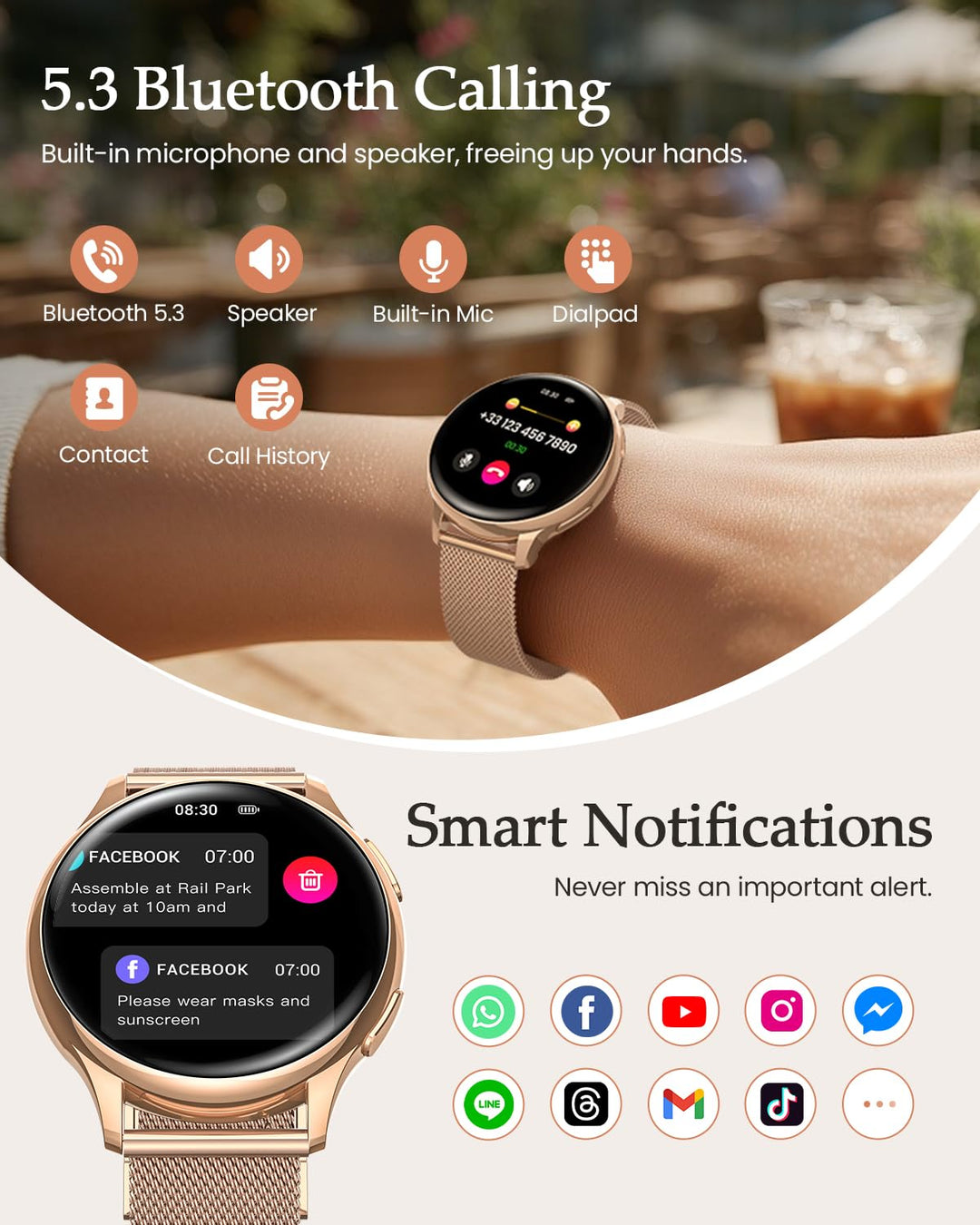 Smartwatch Damen 1.27" HD mit Telefonfunktion Rosegold IP68 120+ Sportmodi - Bild 7