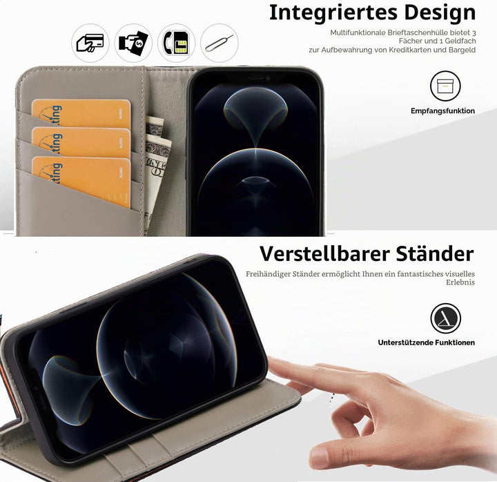 Leder Handyhülle iPhone 12 Mini Grau mit 3 Kartenfächern RFID-Schutz - Bild 4