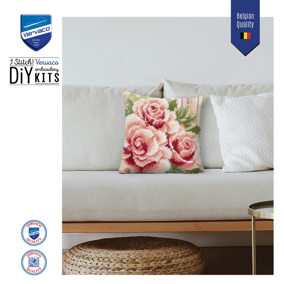 Kreuzstich Stickset Kissen Rosa Rosen vorgedruckt 40x40 cm - Bild 6