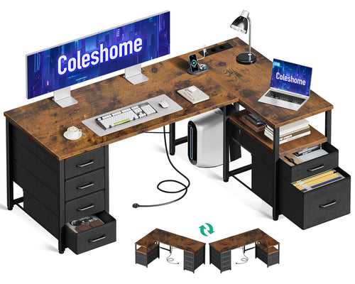 Eckschreibtisch L-Form mit 6 Schubladen und Steckdose 140×80 cm