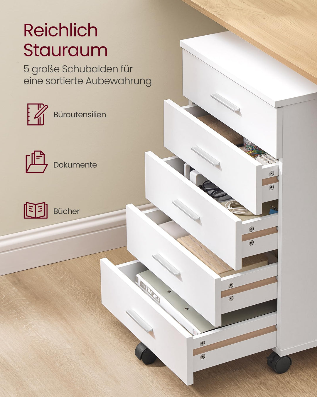 Rollcontainer 5 Schubladen Holz Wolkenweiss Heimbüro Druckertisch - Bild 4