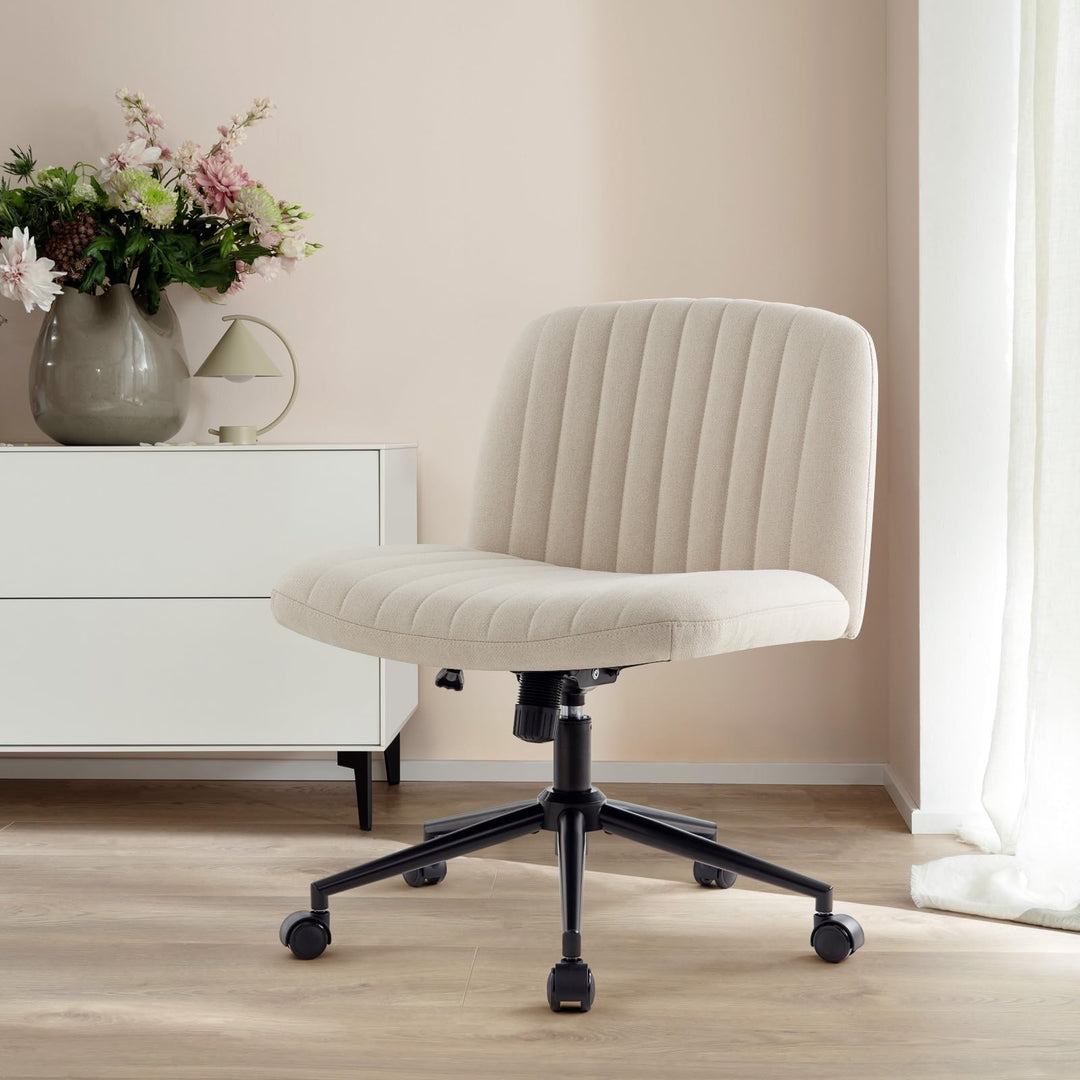 Bürostuhl ohne Armlehnen Schneidersitz Leinenstoff Beige mit Rollen - Bild 7