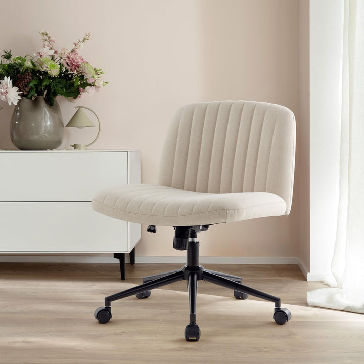 Bürostuhl ohne Armlehnen Schneidersitz Leinenstoff Beige mit Rollen - Bild 7
