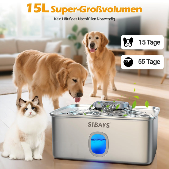 Haustier-Trinkbrunnen Edelstahl 15L mit LED &amp; 5-stufigem Filter - Bild 2