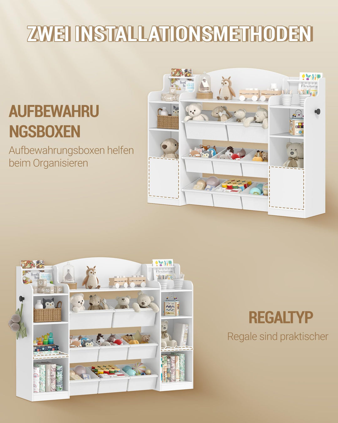 Kinderzimmerregal 9 Fächer 8 Boxen mit Haken 30x140x104 cm Weiss - Bild 7