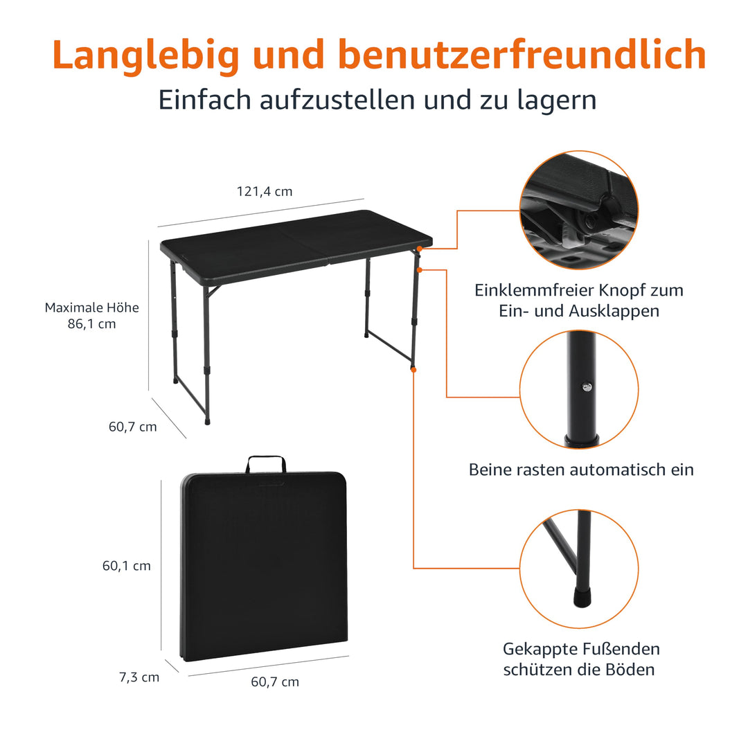 Klapptisch höhenverstellbar 4 Stufen Tragegriff 121x61cm schwarz - Bild 2