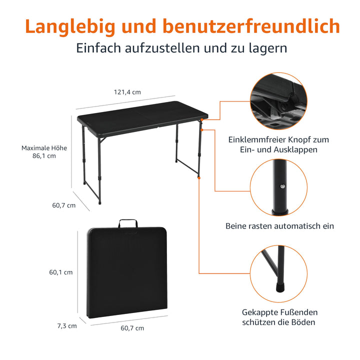 Klapptisch höhenverstellbar 4 Stufen Tragegriff 121x61cm schwarz - Bild 2