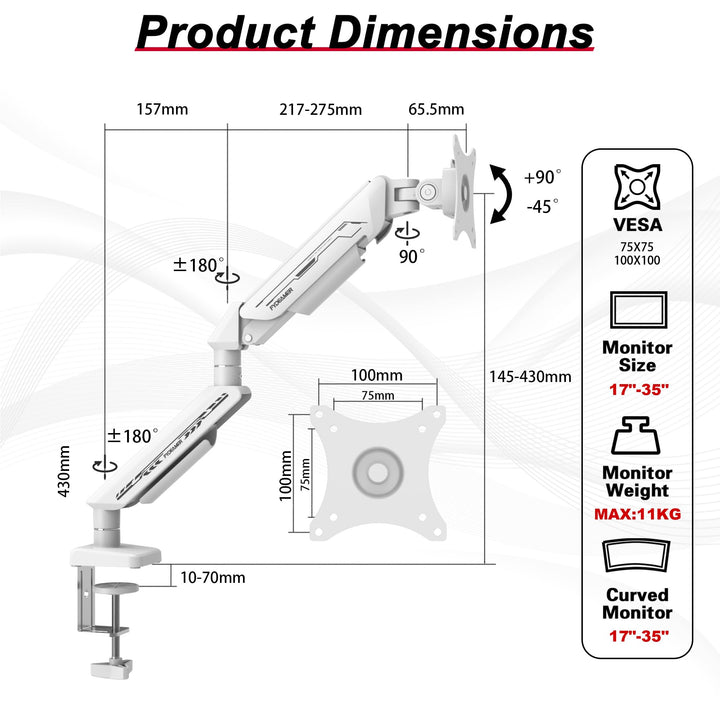 Monitorarm Gasfeder 17-35 Zoll bis 11 kg mit Kabelmanagement, Weiss - Bild 3