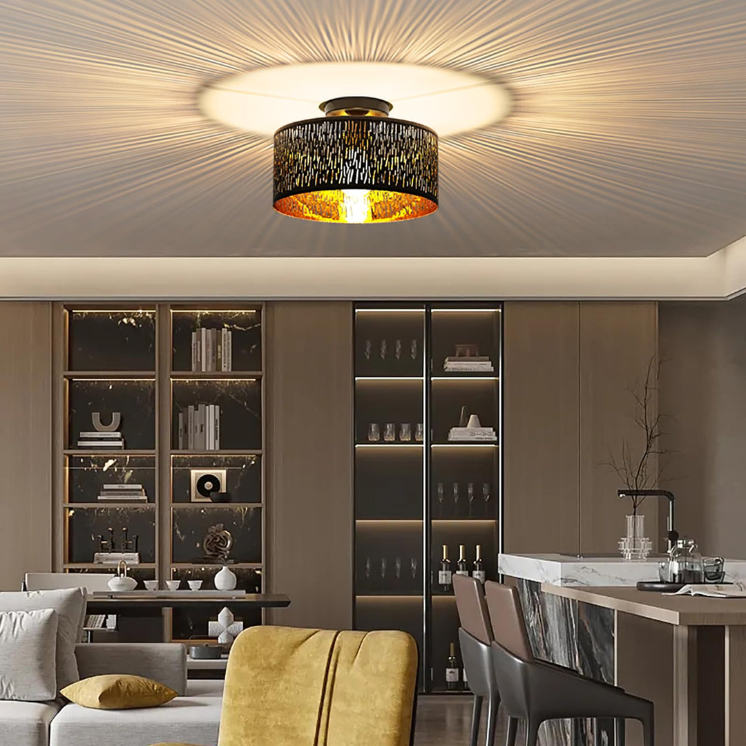 Deckenleuchte Schwarz-Gold Metall Stoff Ø30cm E27 für Wohnzimmer