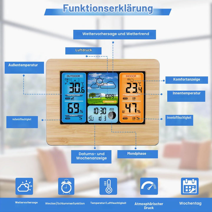 Funkwetterstation Farbdisplay mit Außensensor, Wecker &amp; Luftdruck - Bild 3